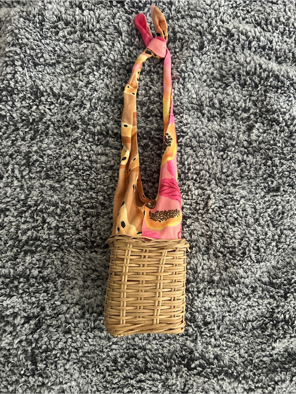 Nannacay Woven Wicker Basket Bag With Floral Fabric Strap